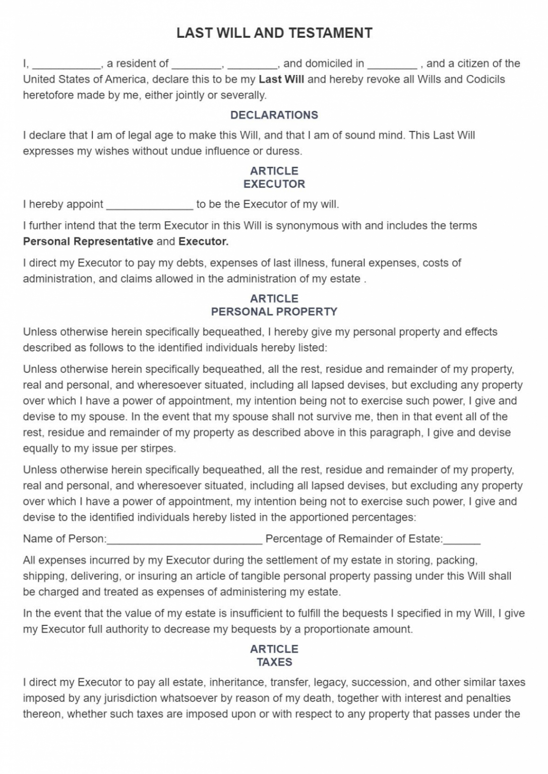 Florida Last Will And Testament Template