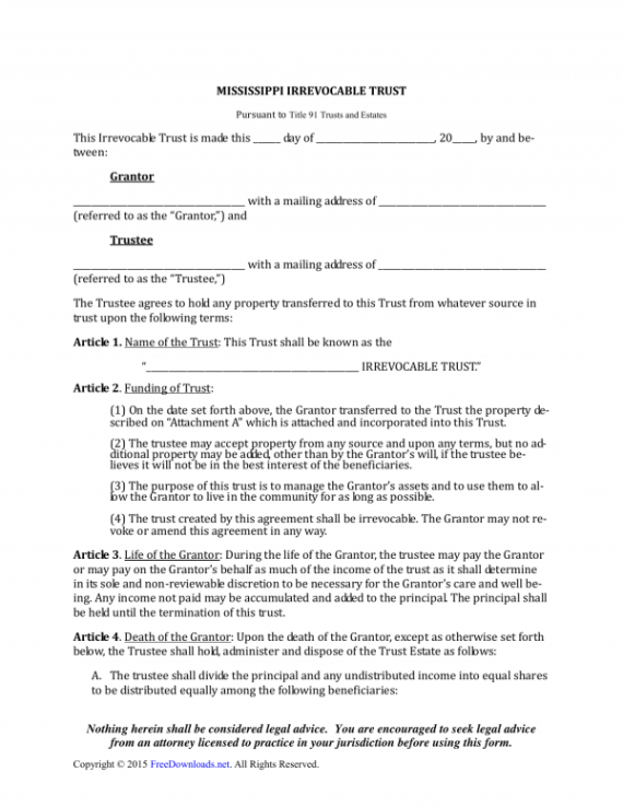 printable download mississippi irrevocable living trust form  pdf  rtf  word  freedownloads mississippi living will template sample