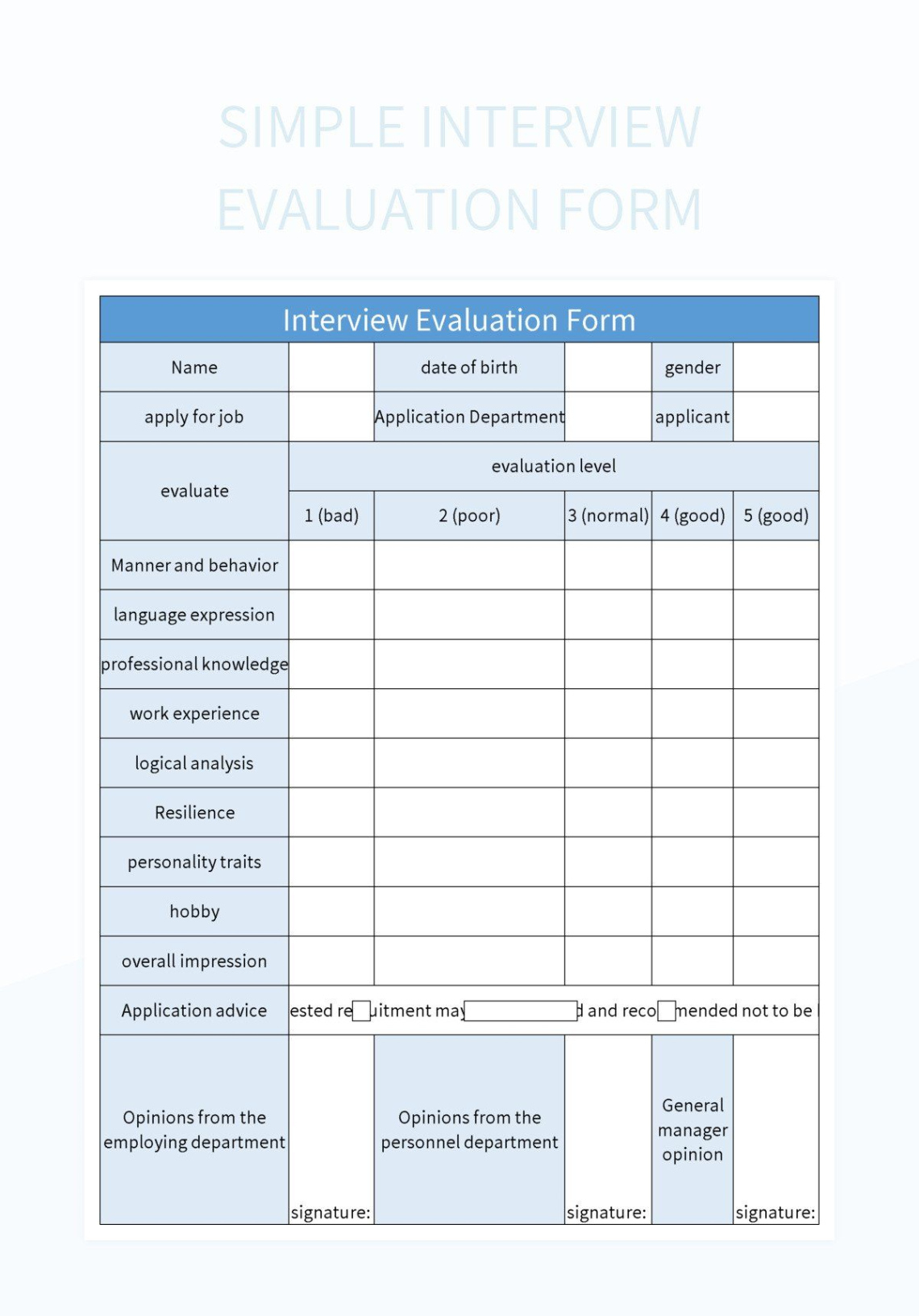 printable free simple interview evaluation form templates for google sheets and microsoft excel  slidesdocs score based interview template word