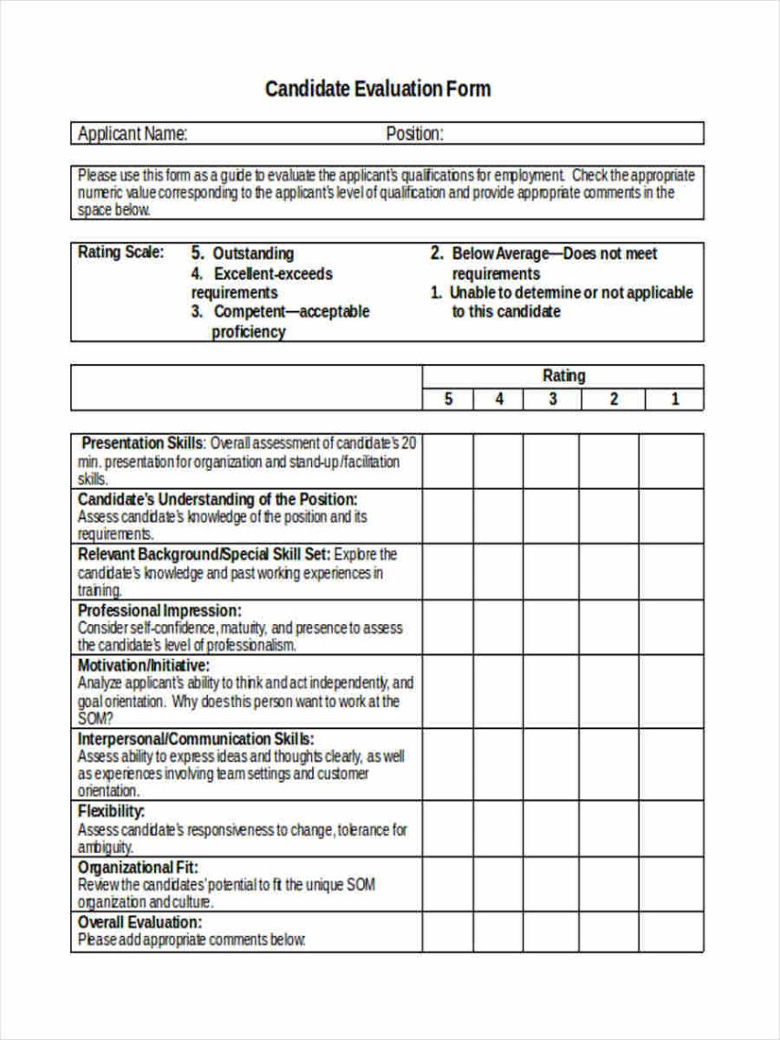 sample candidate evaluation form sample  master of template document candidate feedback after interview template pdf