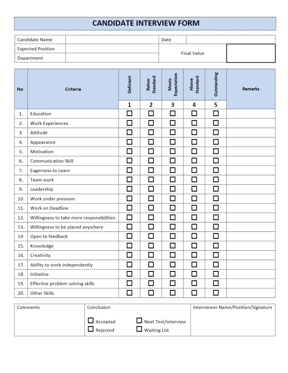 sample candidate interview form walk in interview template excel