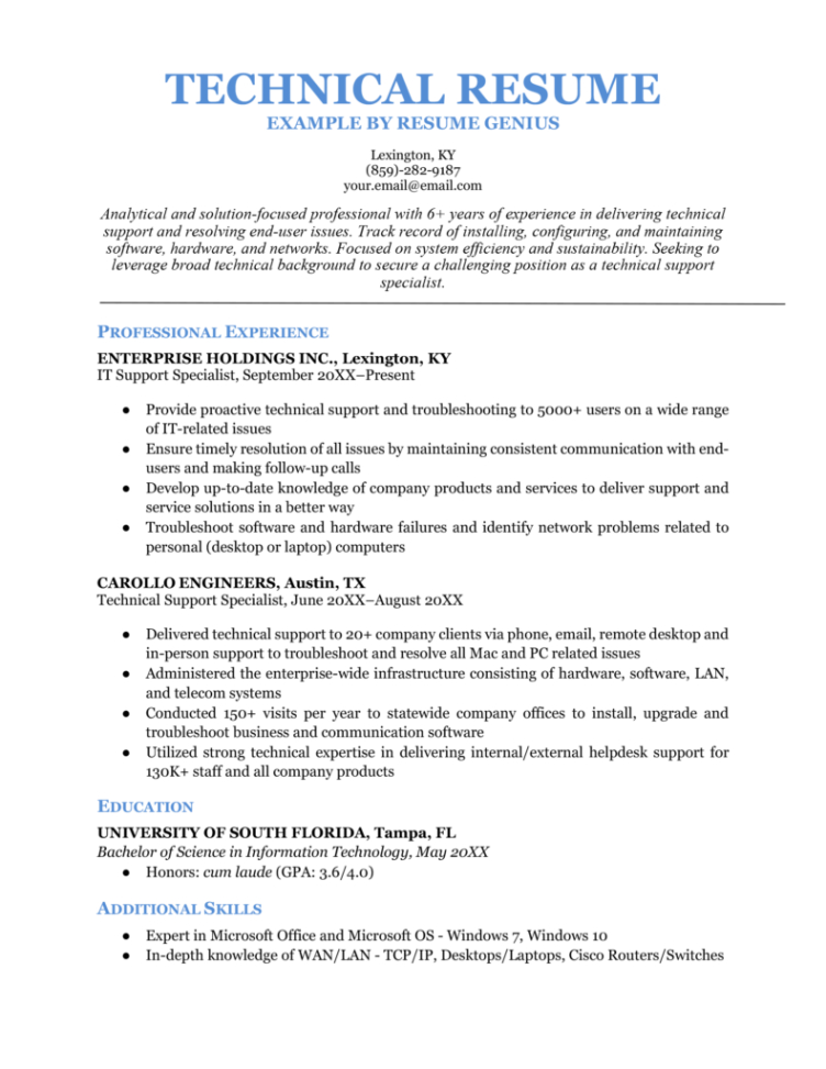 Blank Entry Level Technical Support Resume Template Doc