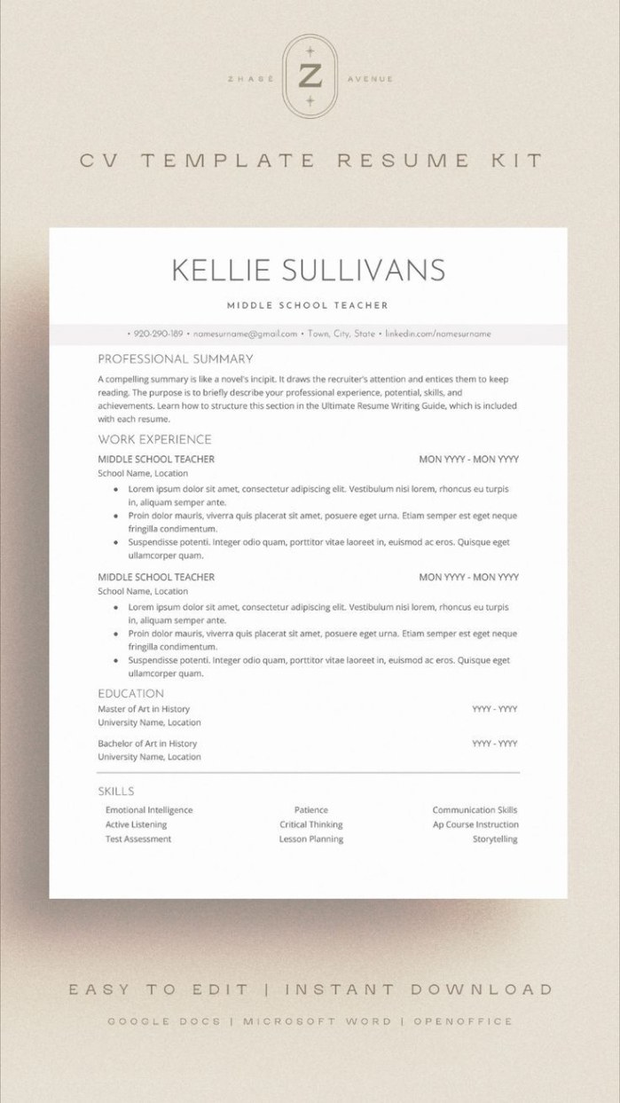 Blank Middle School Teacher Resume Template Word