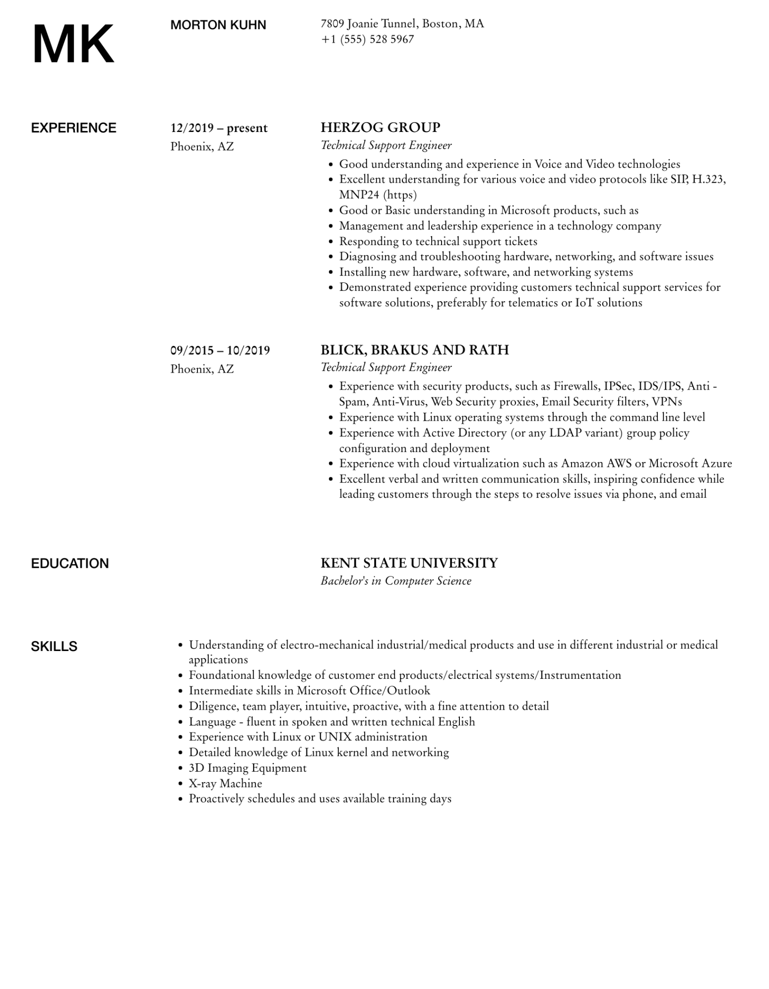 Blank Technical Support Engineer Resume Template