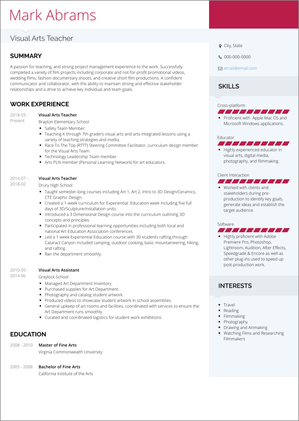 Custom Art Teacher Resume Template Pdf Sample