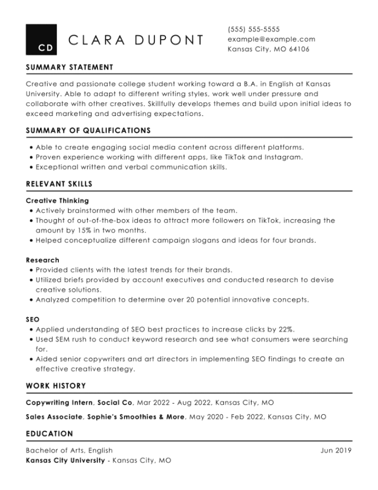 Custom High School Internship Resume Template Excel