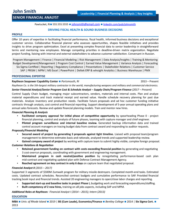 Custom Senior Financial Analyst Resume Template Excel