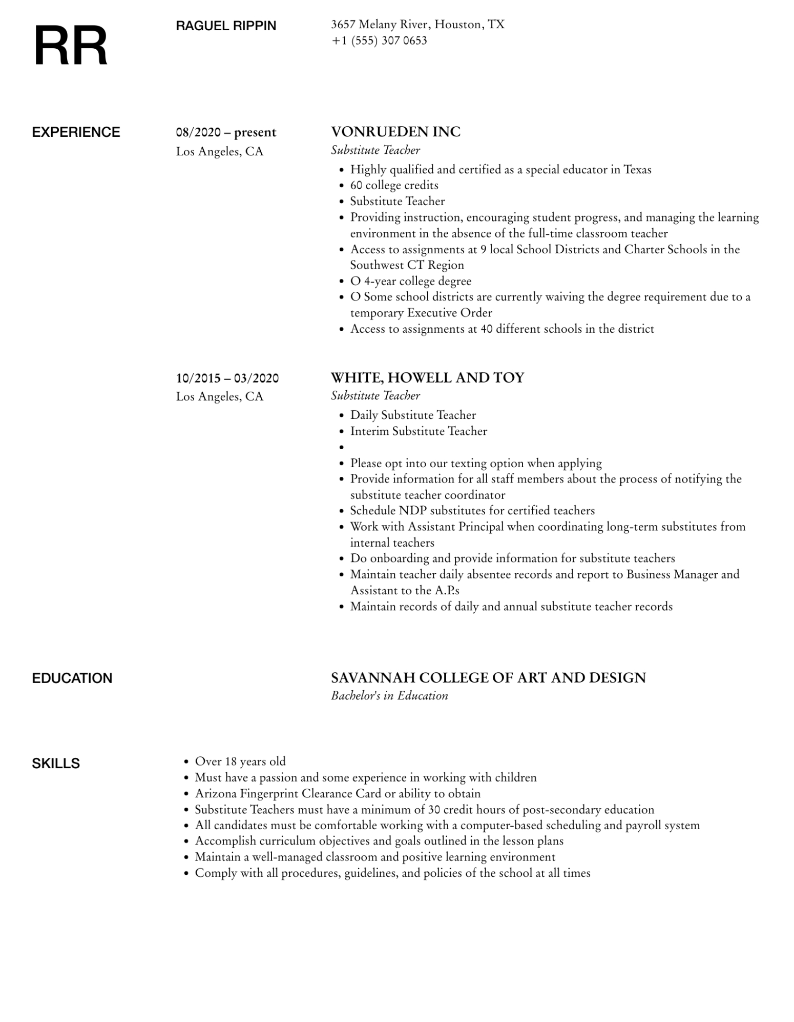 Custom Substitute Teacher Resume Template