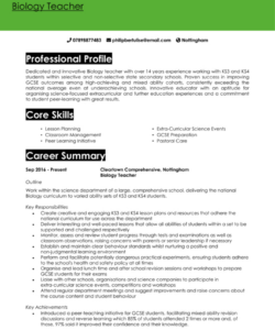 Editable Biology Teacher Resume Template Excel