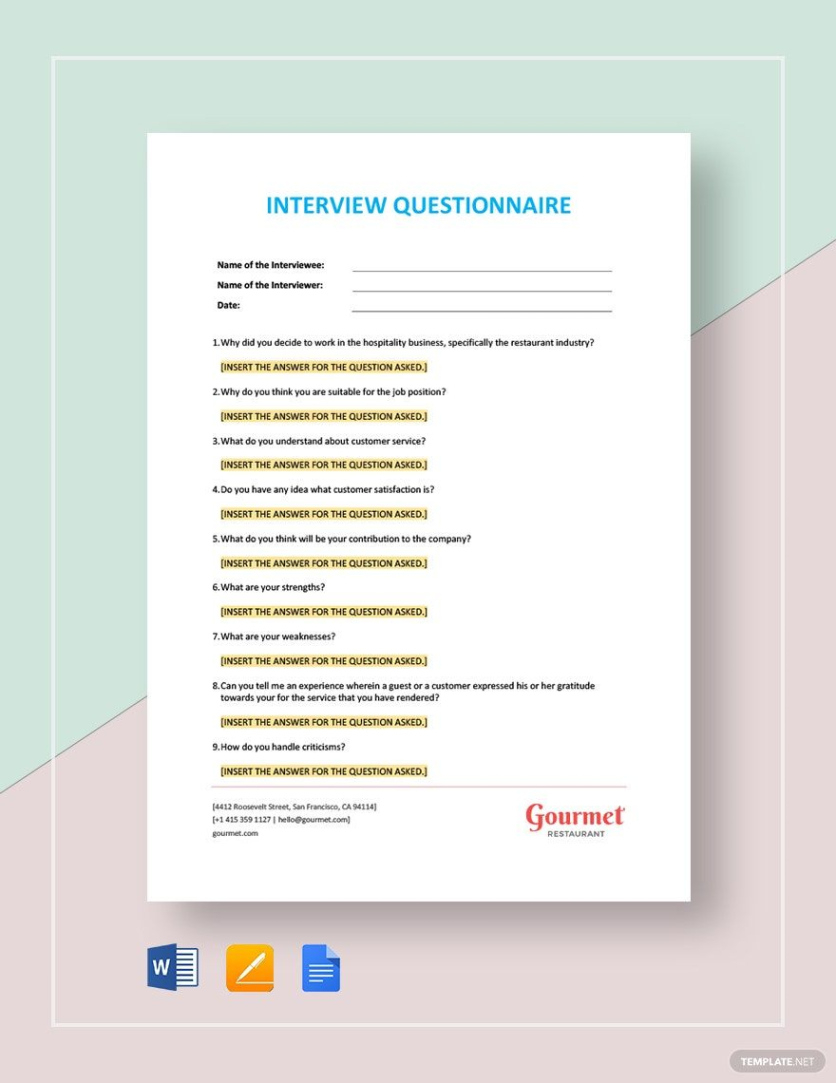 editable questionnaire templates in word  free download  template restaurant interview questions template example