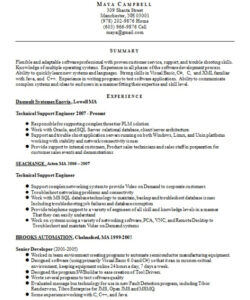 Editable Technical Support Engineer Resume Template Excel Sample