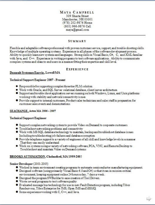 Editable Technical Support Engineer Resume Template Excel Sample