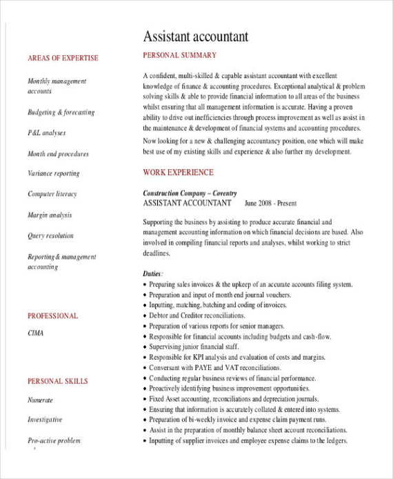 Free Blank Assistant Accountant Resume Template Pdf