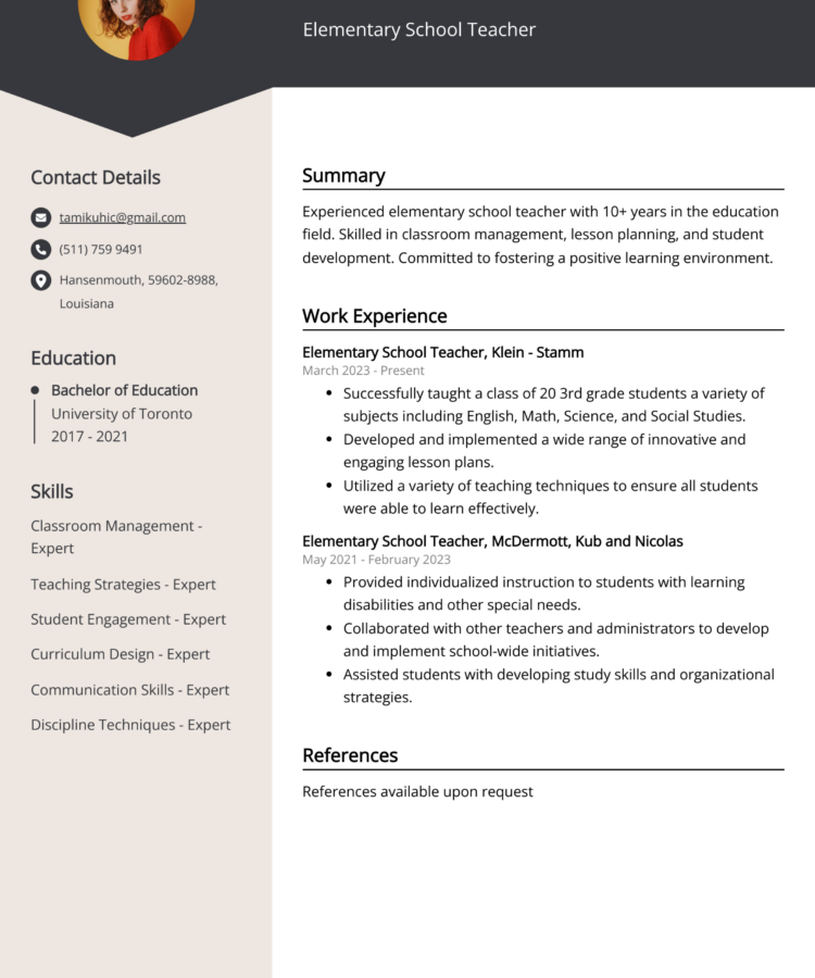 Elementary School Teacher Resume Template