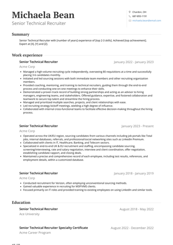 Free Blank Technical Recruiter Resume Template Word