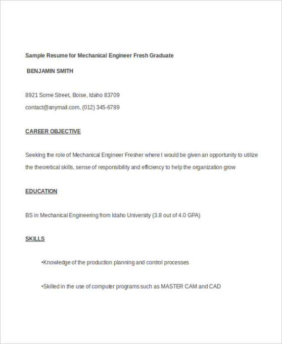 Free Custom Fresher Mechanical Engineer Resume Template Pdf