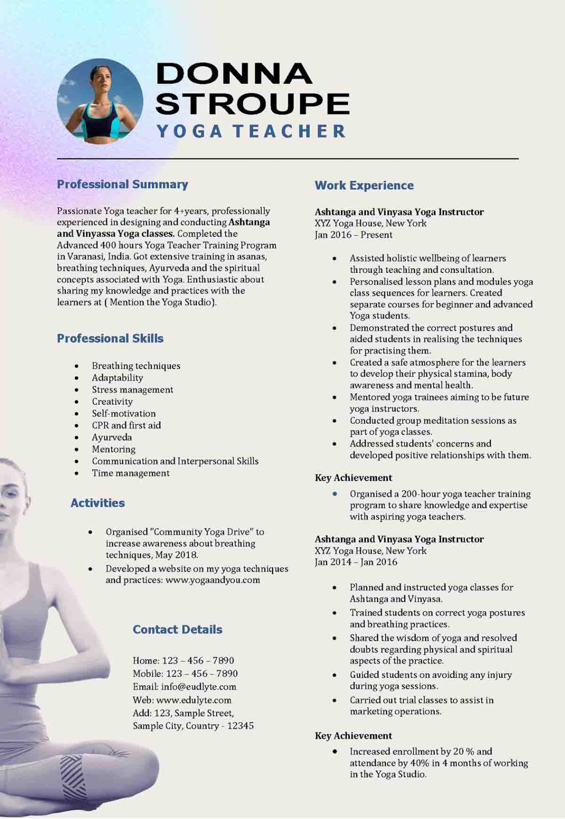 Free Custom Yoga Teacher Resume Template Pdf