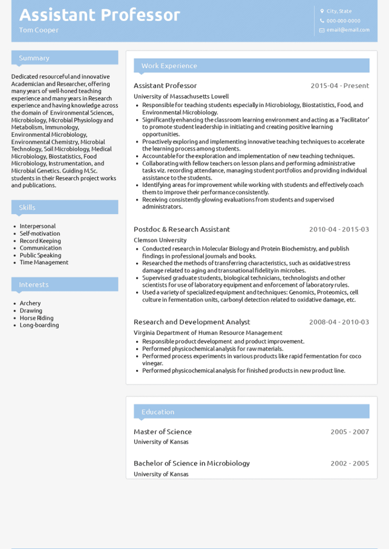 Free Editable Assistant Professor Fresher Resume Template Excel