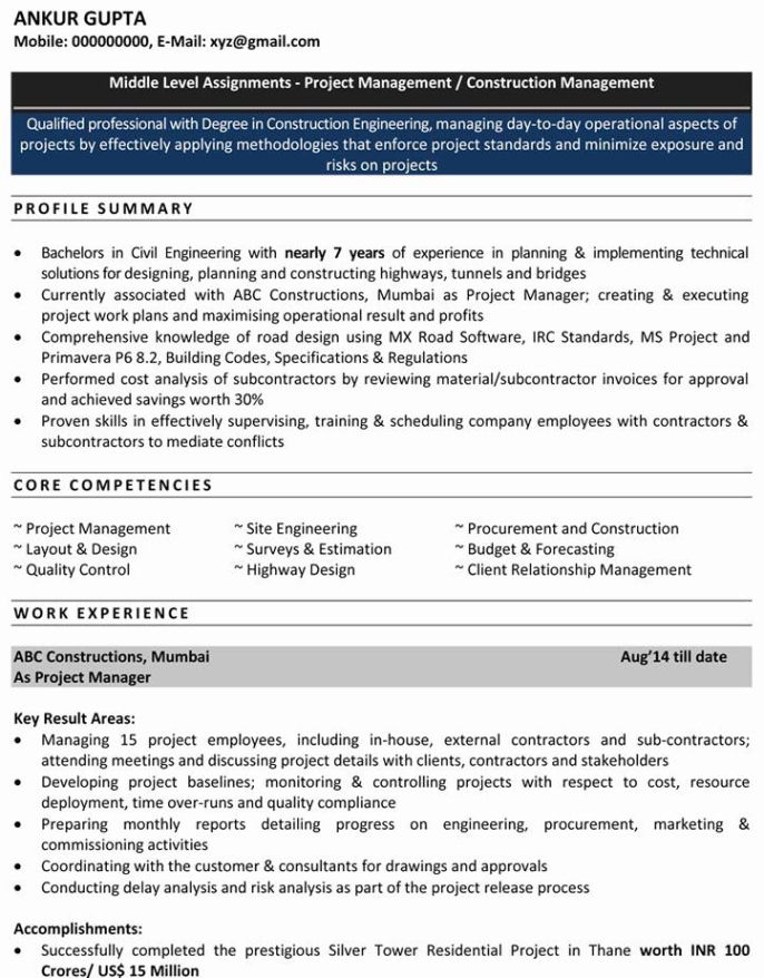 Free  Fresher Civil Engineer Resume Template  Sample