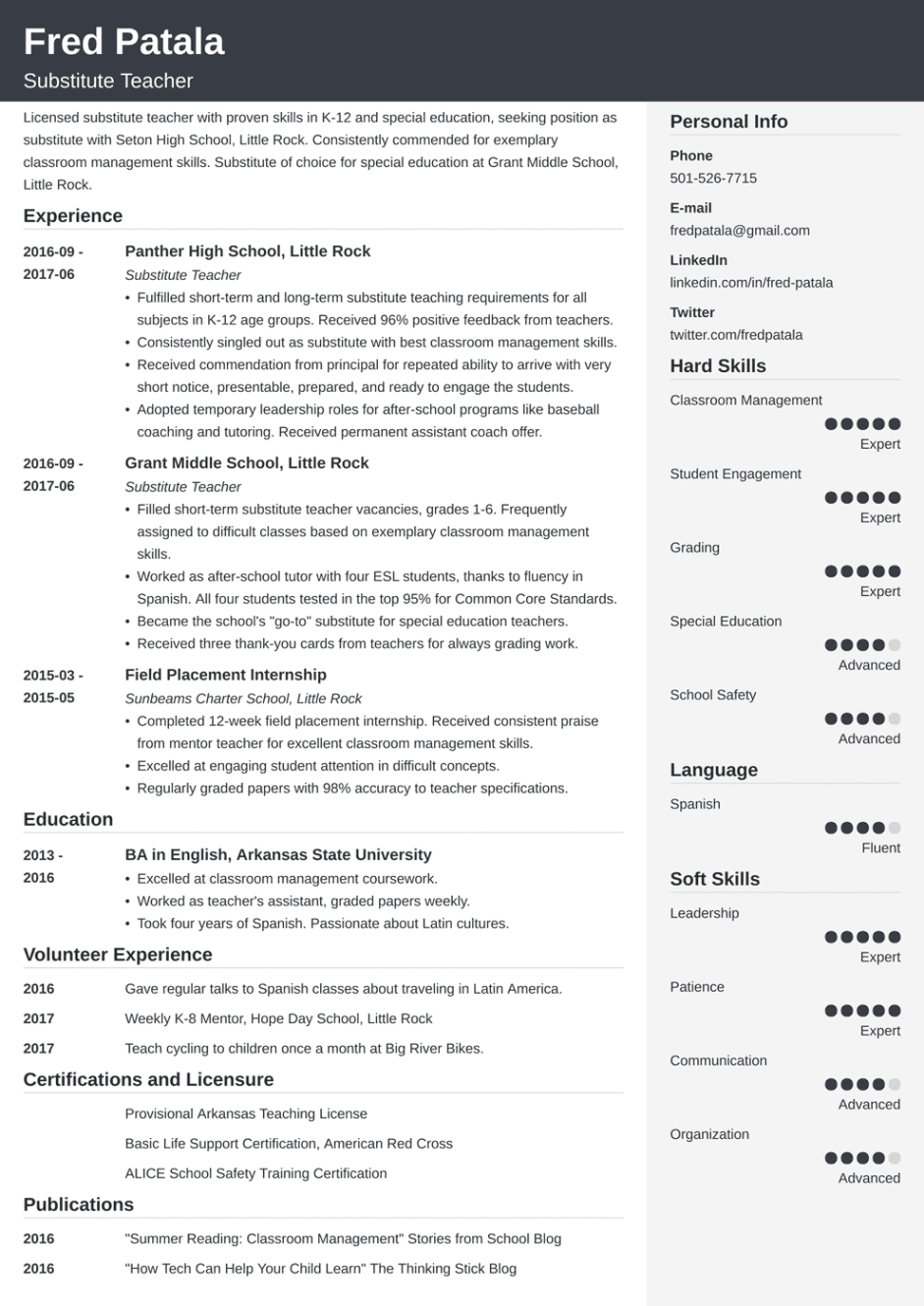 Free  Substitute Teacher Resume Template Excel