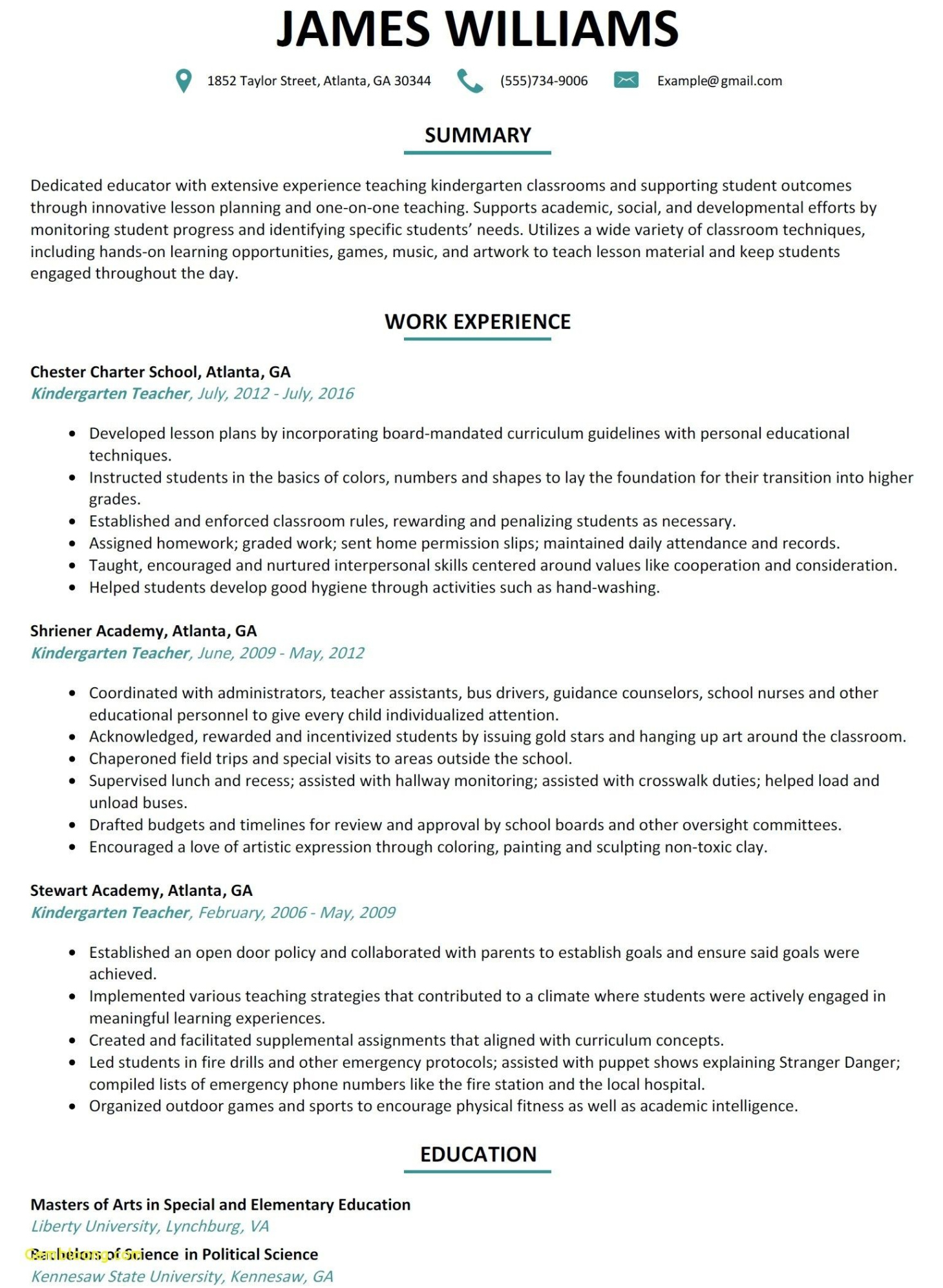 Nursery Teacher Resume Template Excel