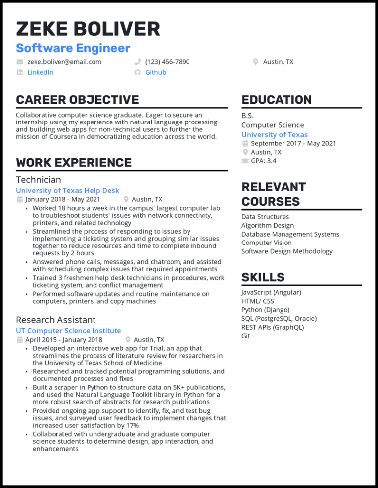 Printable Computer Science Internship Resume Template Excel