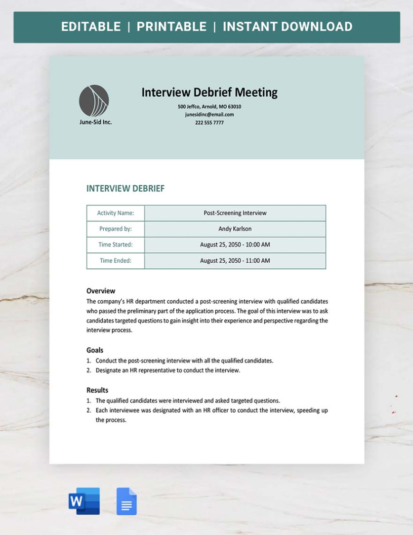 printable interview debrief meeting template in google docs word  download media interview briefing template