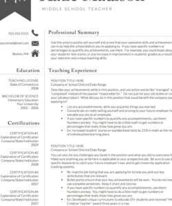 Printable Middle School Teacher Resume Template  Sample