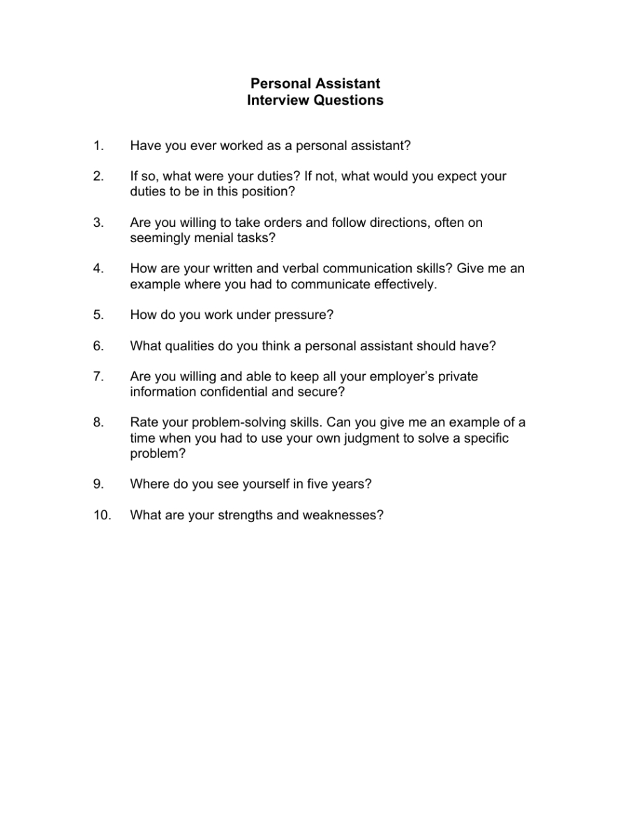 sample sample personal assistant interview questions  fill out sign online and download pdf administrative assistant interview questions template sample