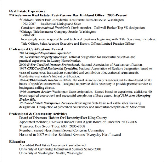 Editable Commercial Real Estate Resume Template Doc