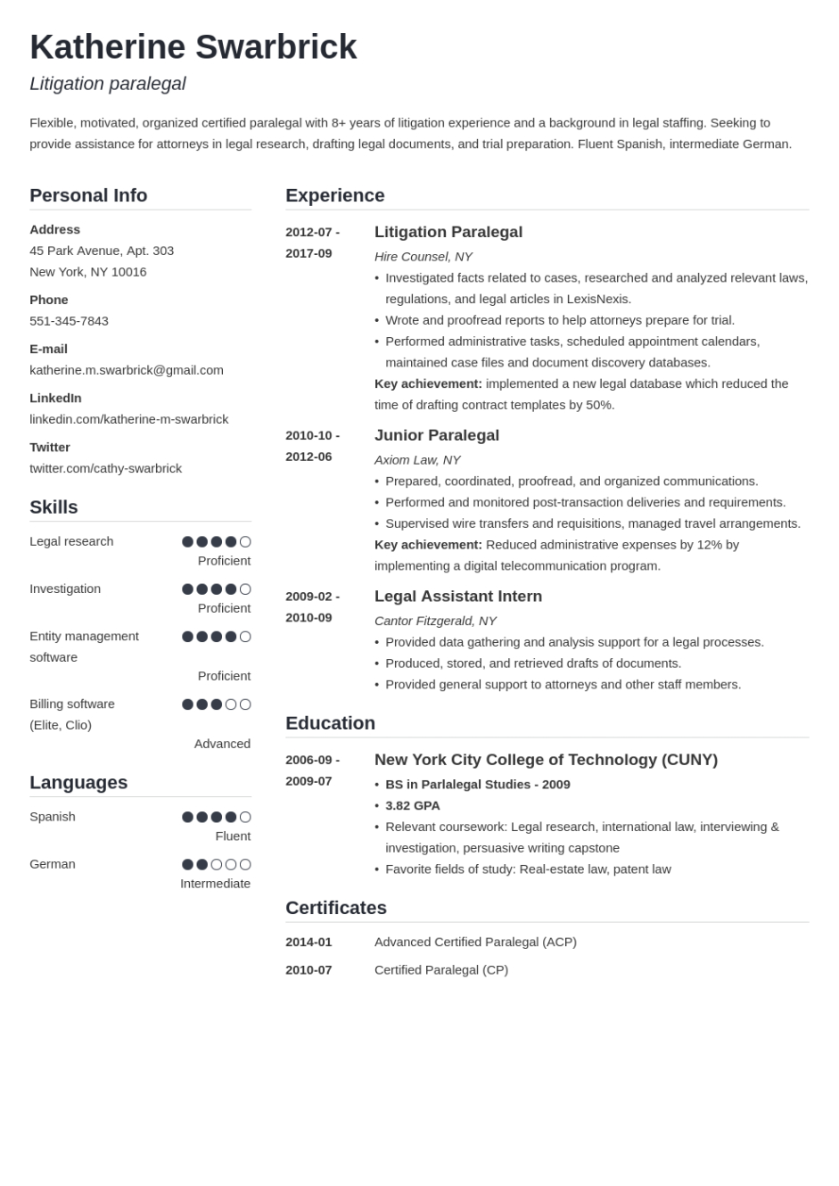 Editable Entry Level Paralegal Resume Template Excel