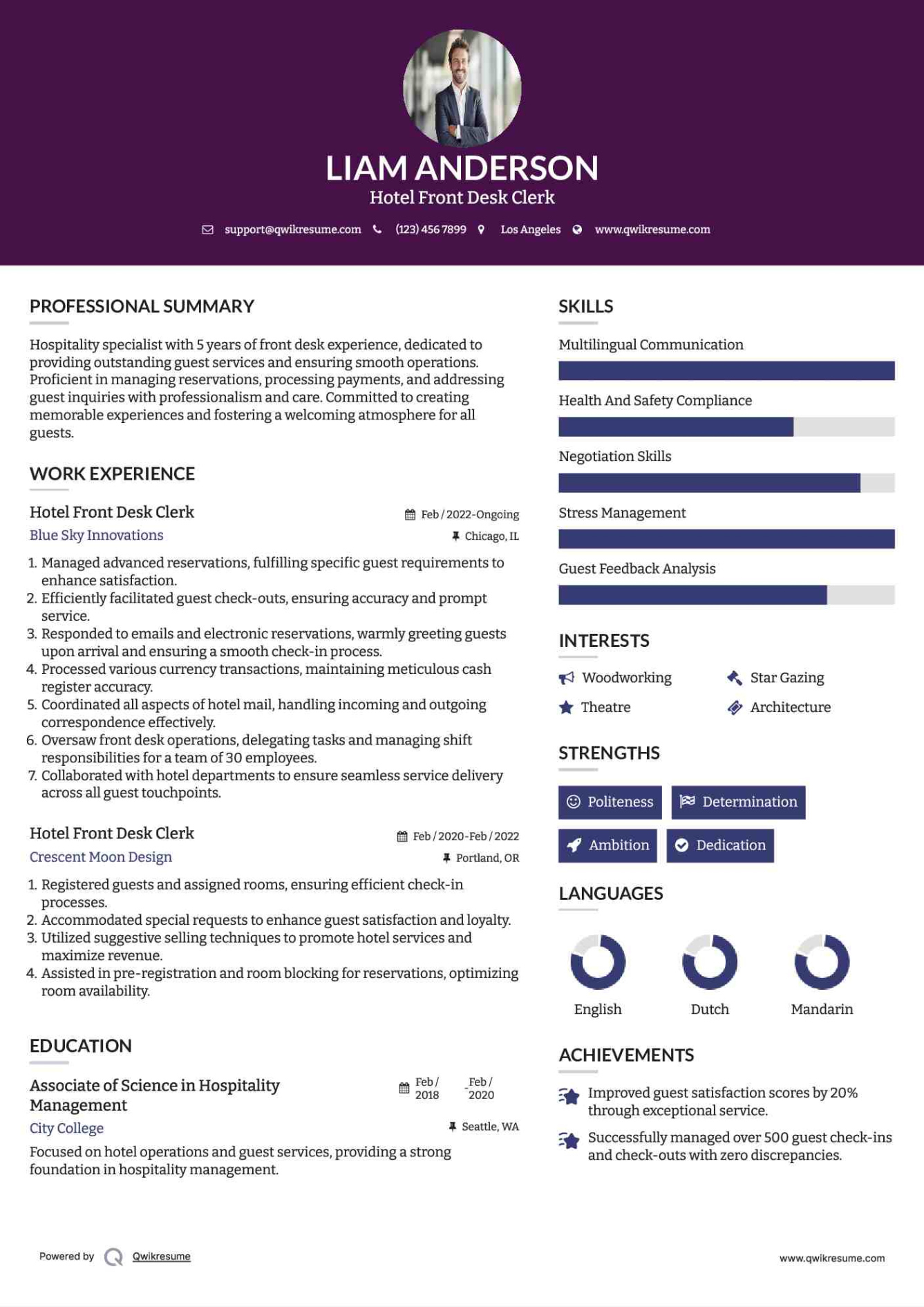 Editable Hotel Front Desk Resume Template Word Sample