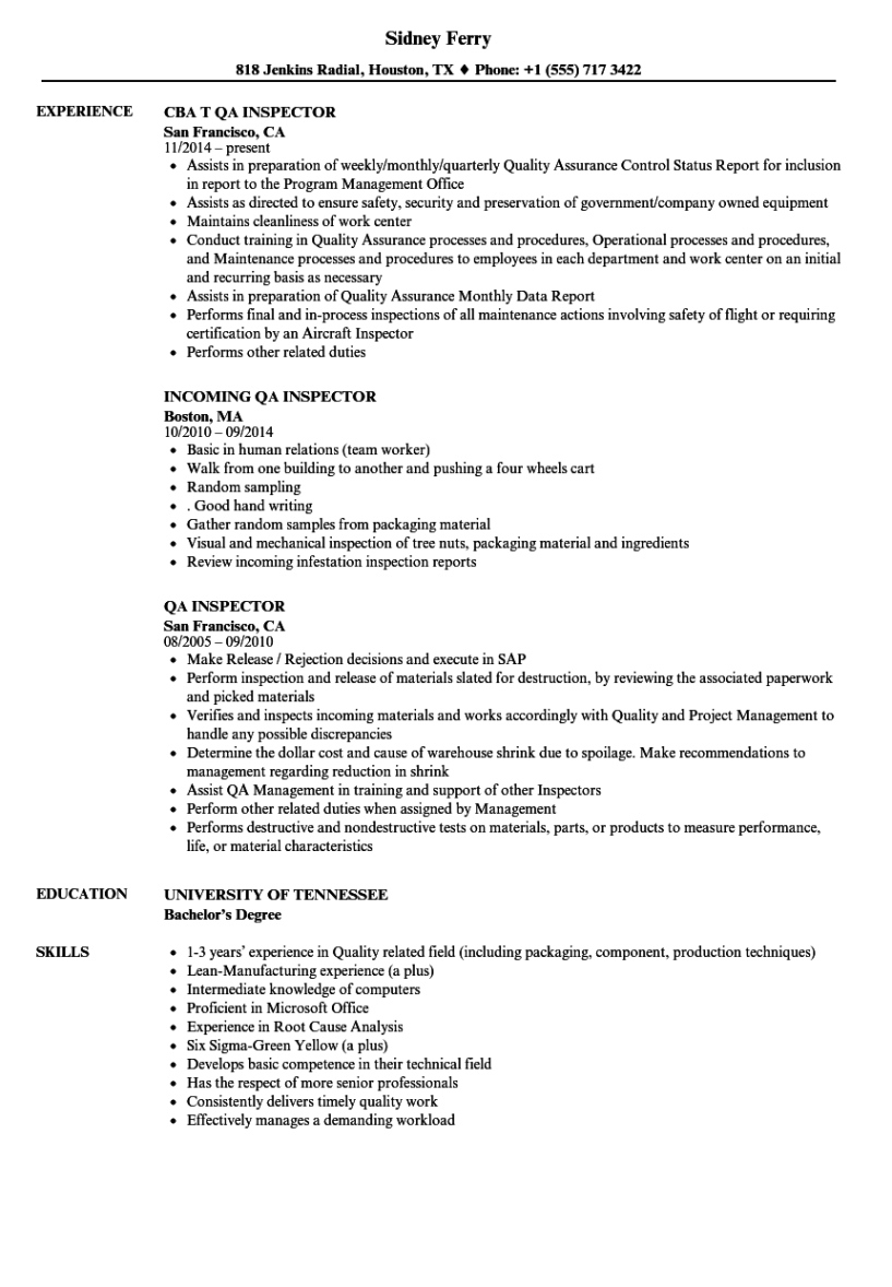 Free Blank Quality Control Inspector Resume Template Pdf