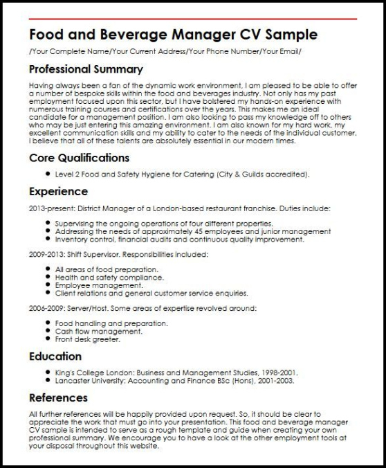 Free Custom Food And Beverage Manager Resume Template  Sample
