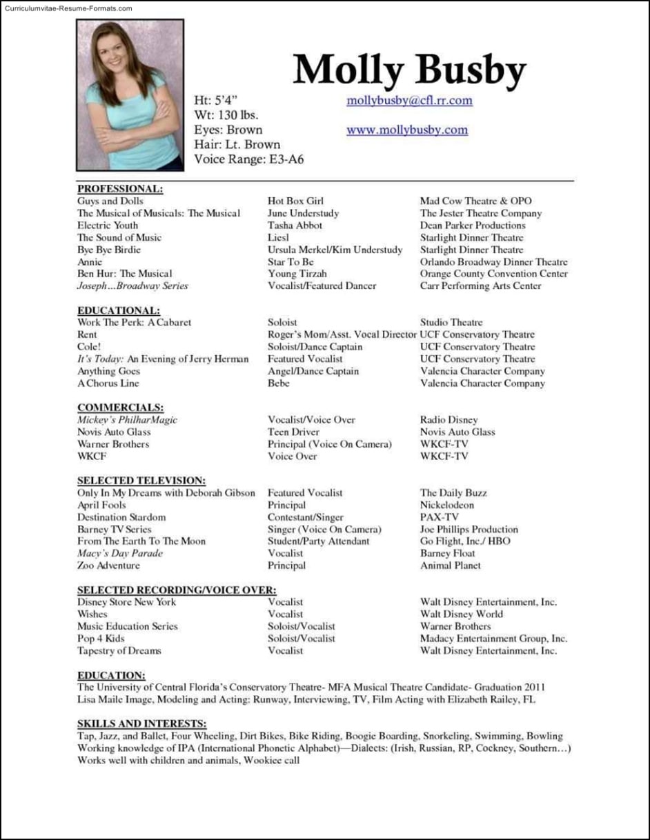 Free Editable Beginner Musical Theatre Resume Template  Sample