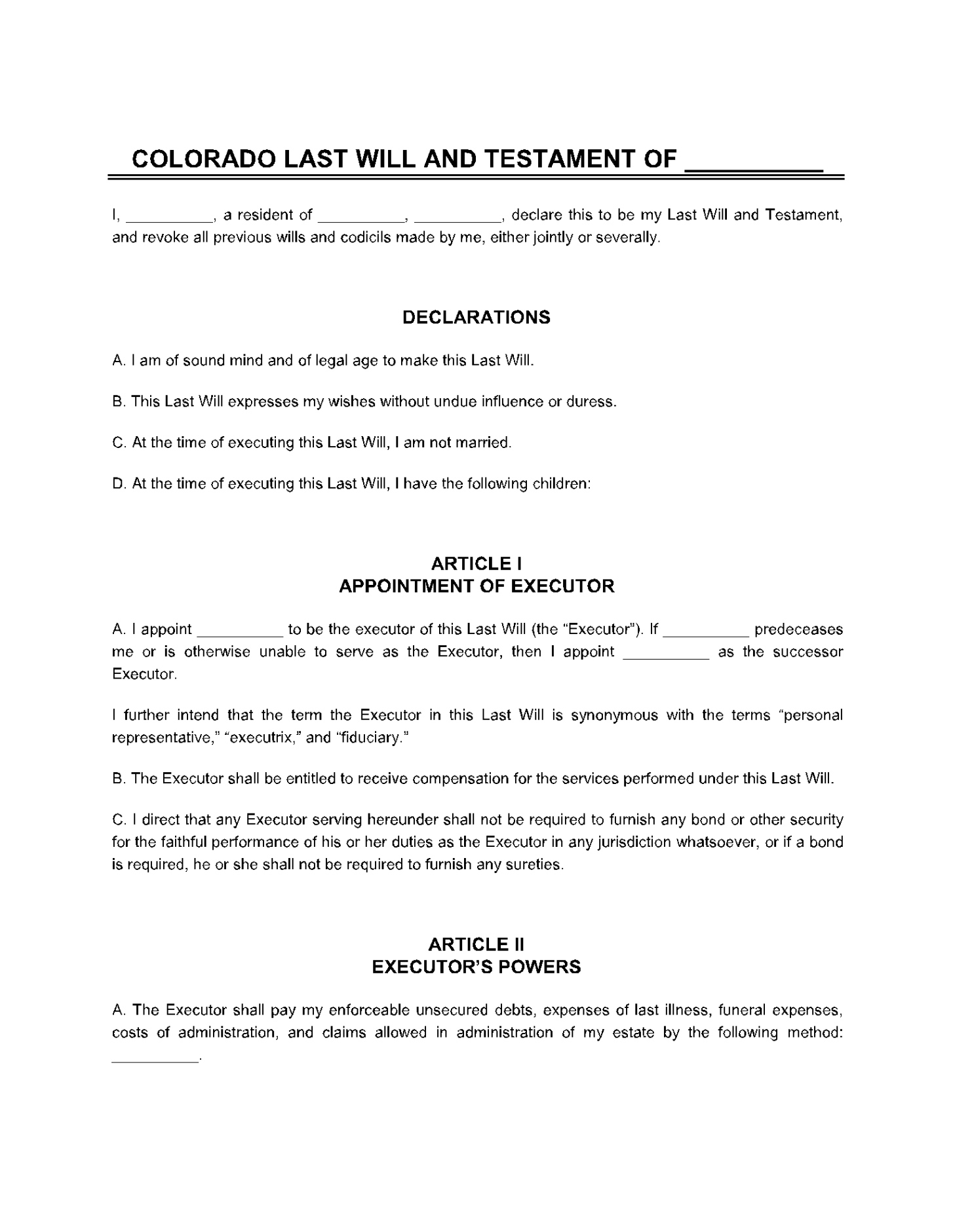 Free Editable Colorado Living Will Template Pdf Sample