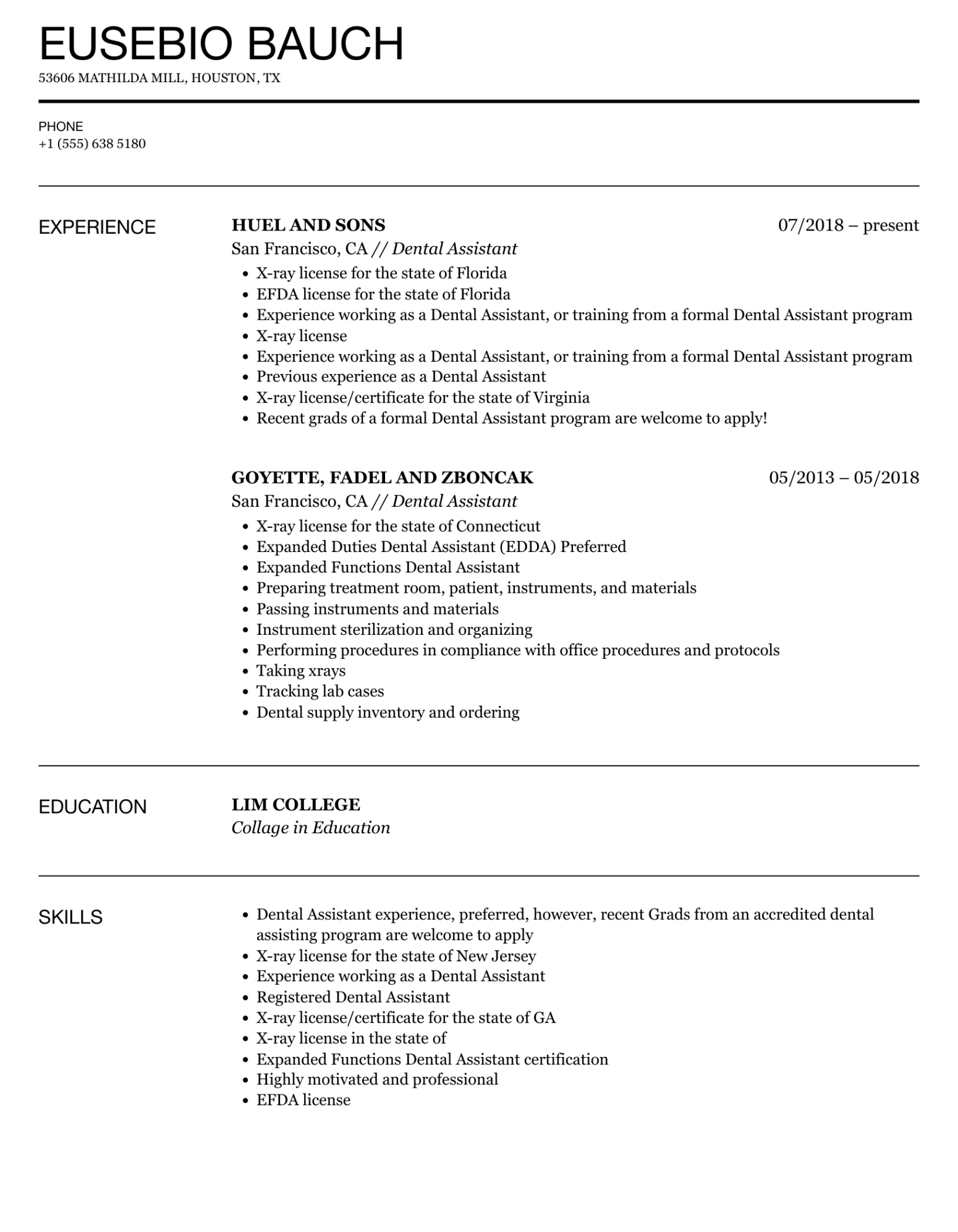 Free  Entry Level Dental Assistant Resume Template Excel