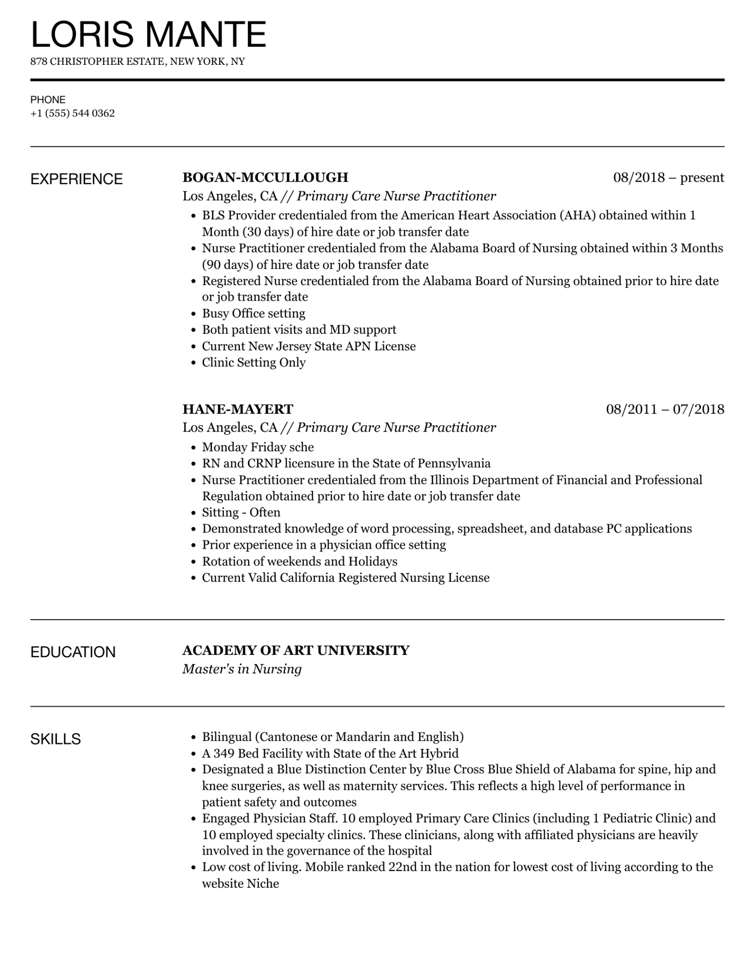 Free  Family Nurse Practitioner Resume Template  Sample