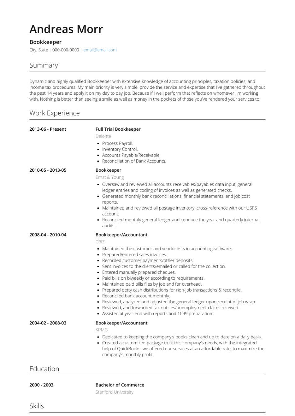 Free  Full Charge Bookkeeper Resume Template Excel Sample