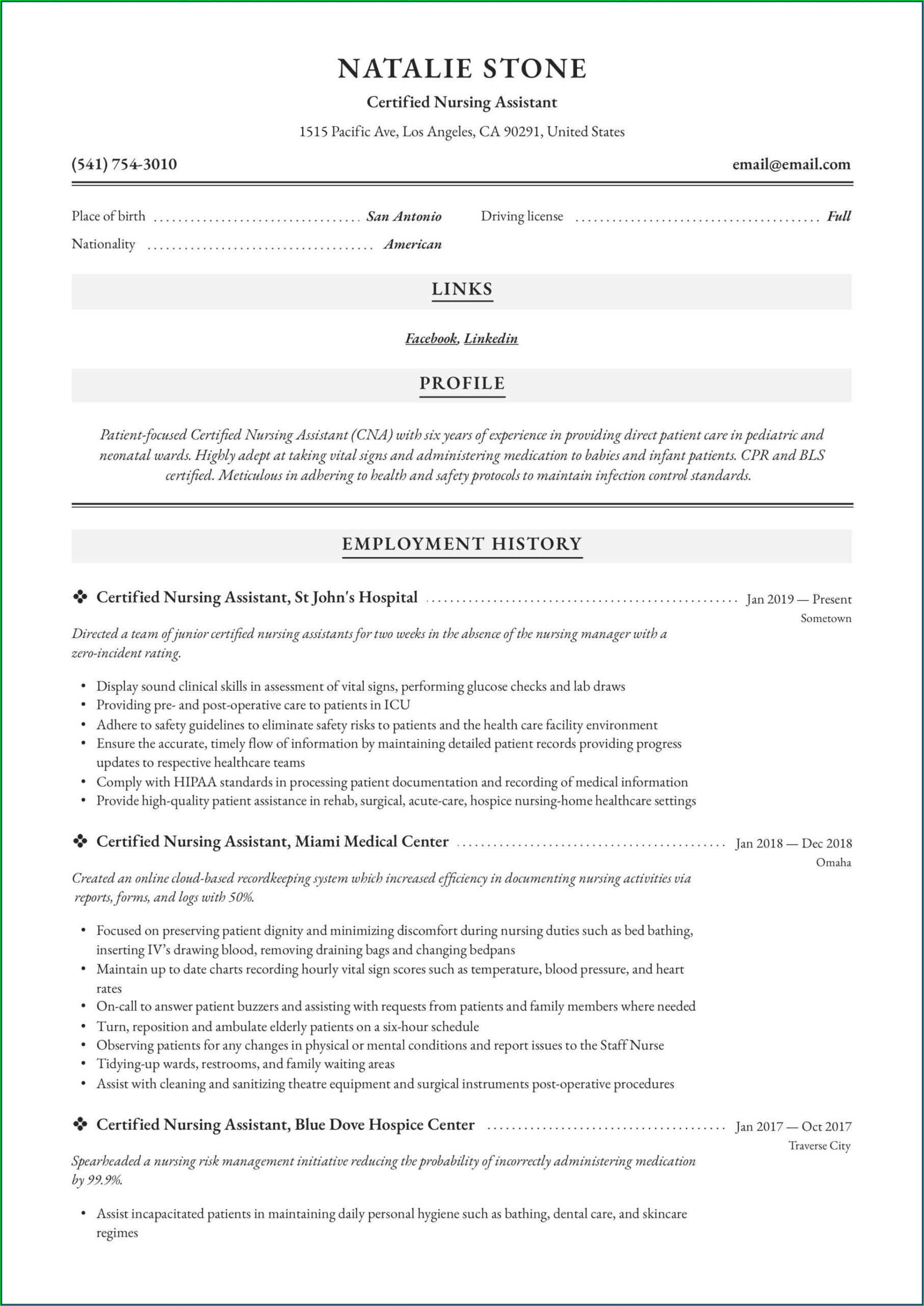 Free Printable Certified Nursing Assistant Resume Template Word