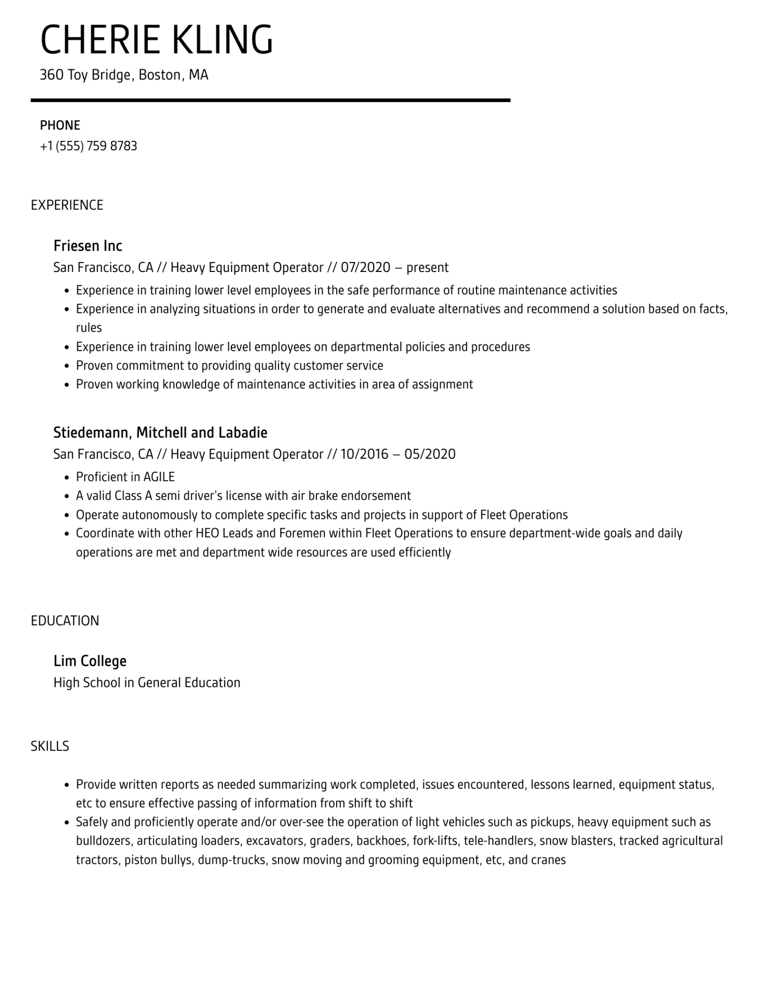 Free Printable Heavy Equipment Operator Resume Template