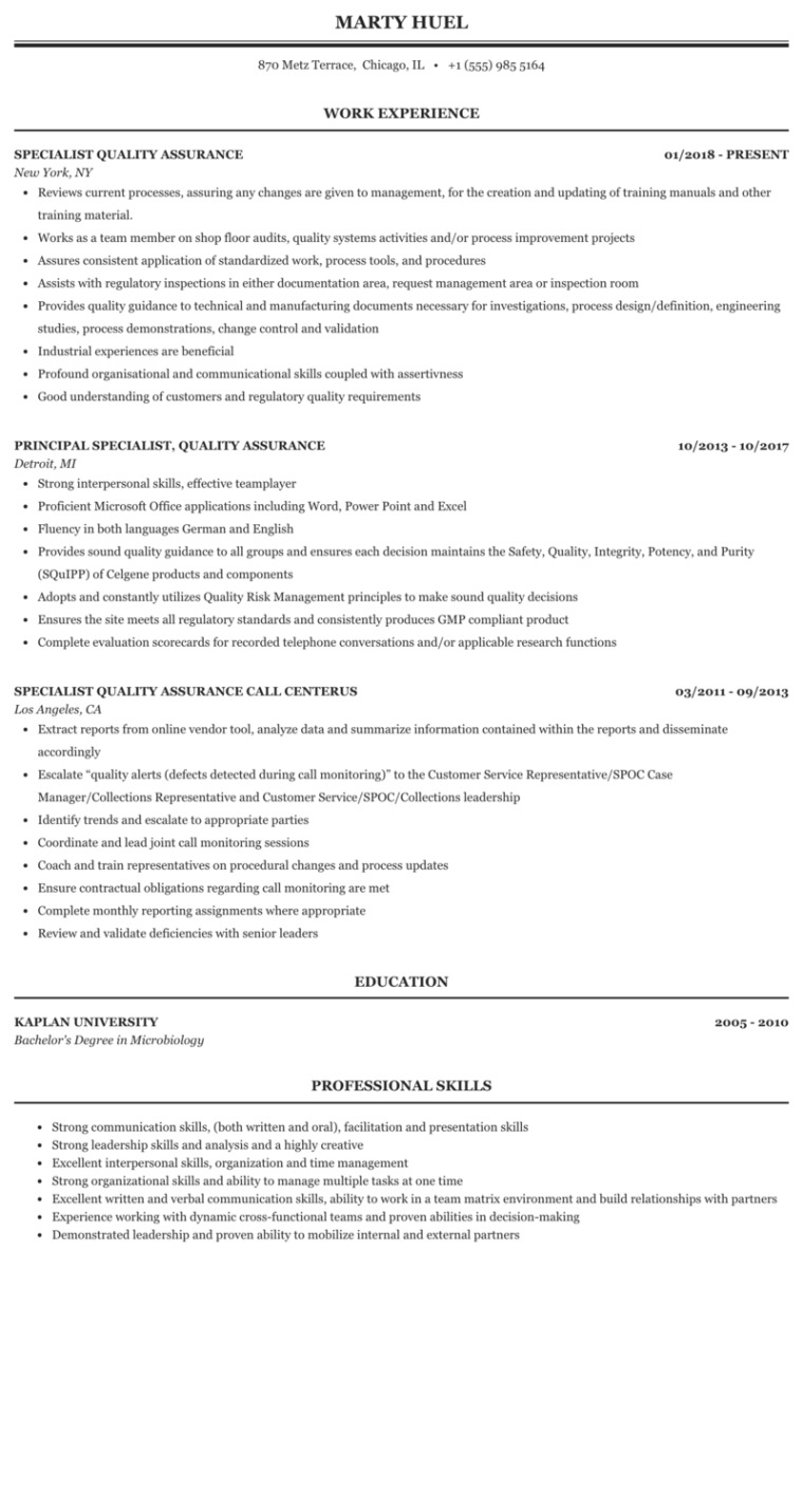 Free Printable Quality Assurance Manager Resume Template Pdf