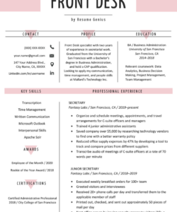 Printable Hotel Front Desk Resume Template Word