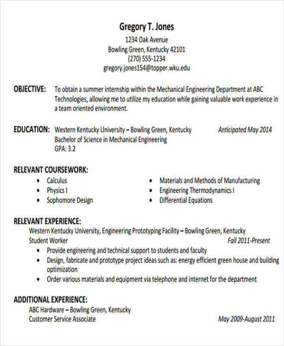 Printable Mechanical Engineering Student Resume Template Doc Sample