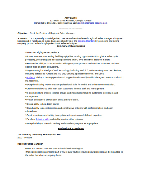 Regional Sales Manager Resume Template Doc