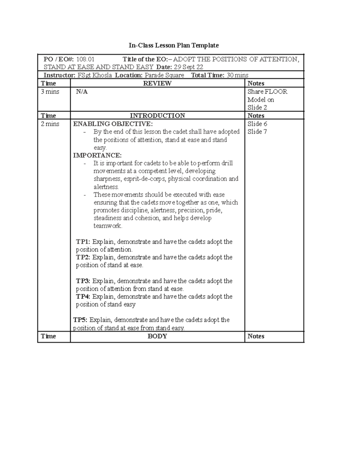 editable m108  air cadets  inclass lesson plan template po  eo 108 title of the eo adopt the air force operating instruction template excel