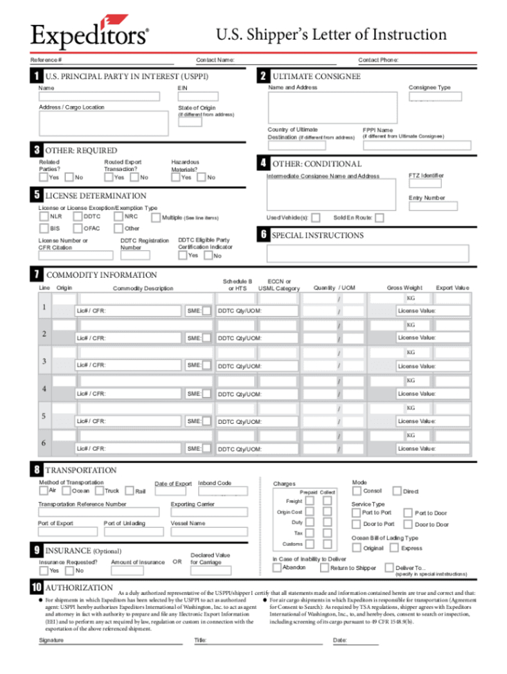 expeditors us shipper&amp;#039;s letter of instruction  fill and sign export cargo shipping instruction template word