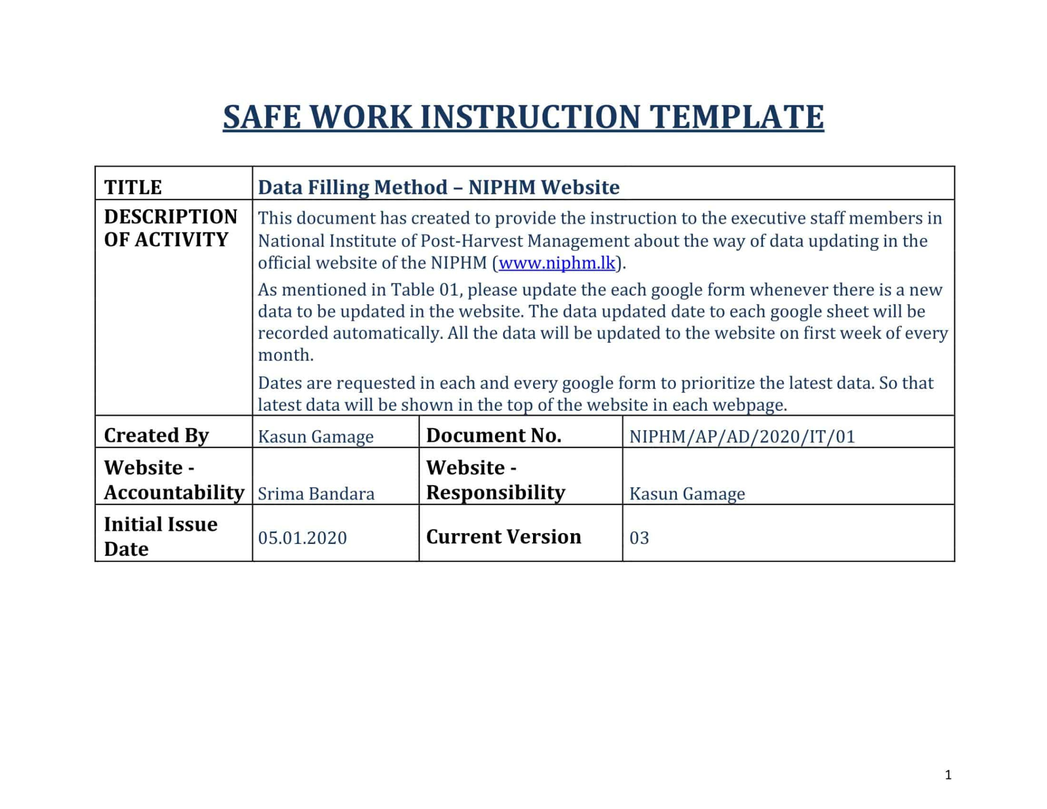free printable work instruction templates pdf word excel technical work instruction template sample