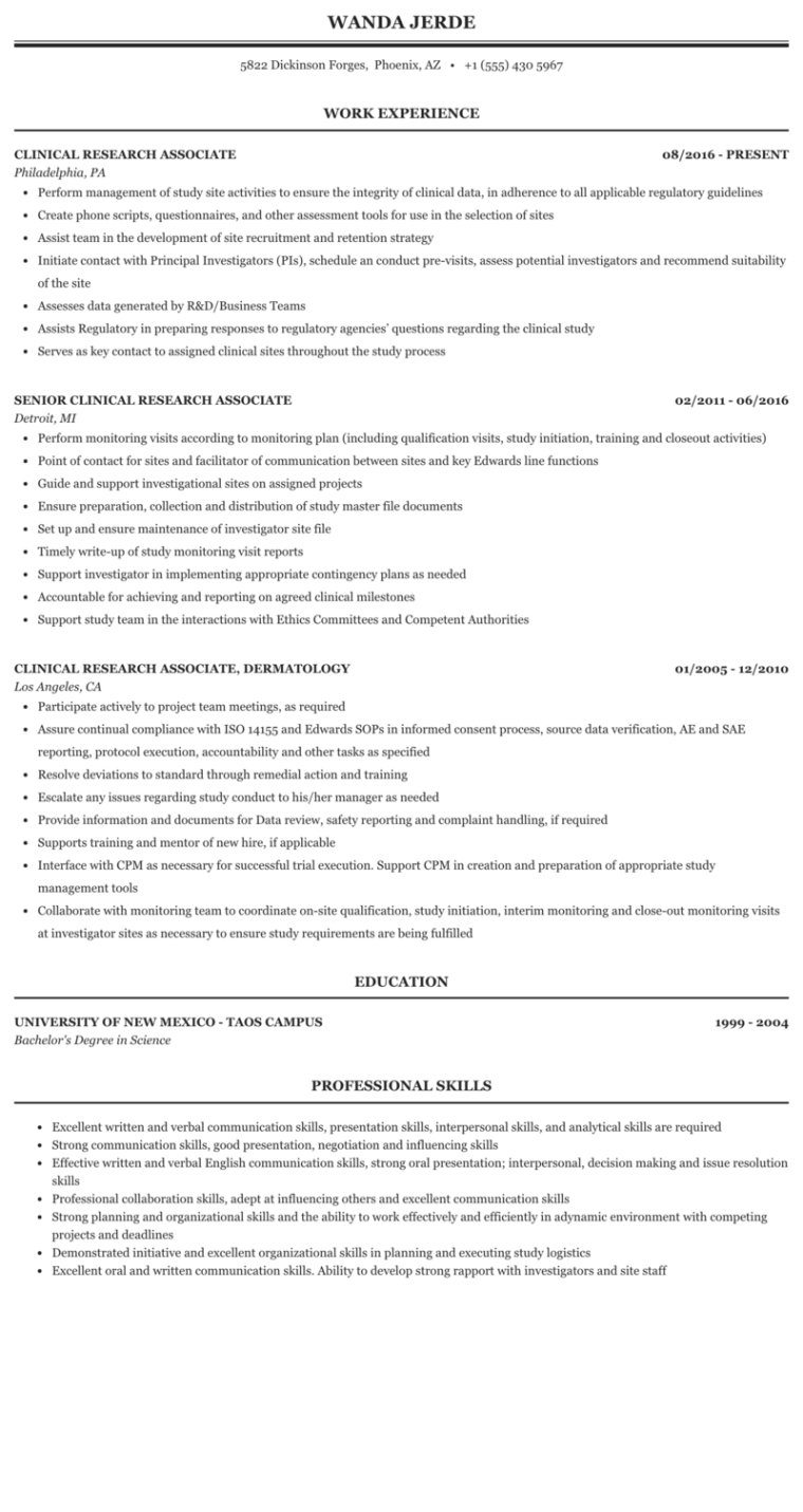 Clinical Research Associate Resume Template  Sample