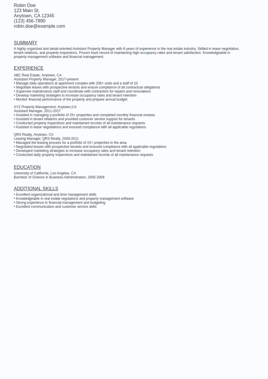 Free Printable Assistant Property Manager Resume Template